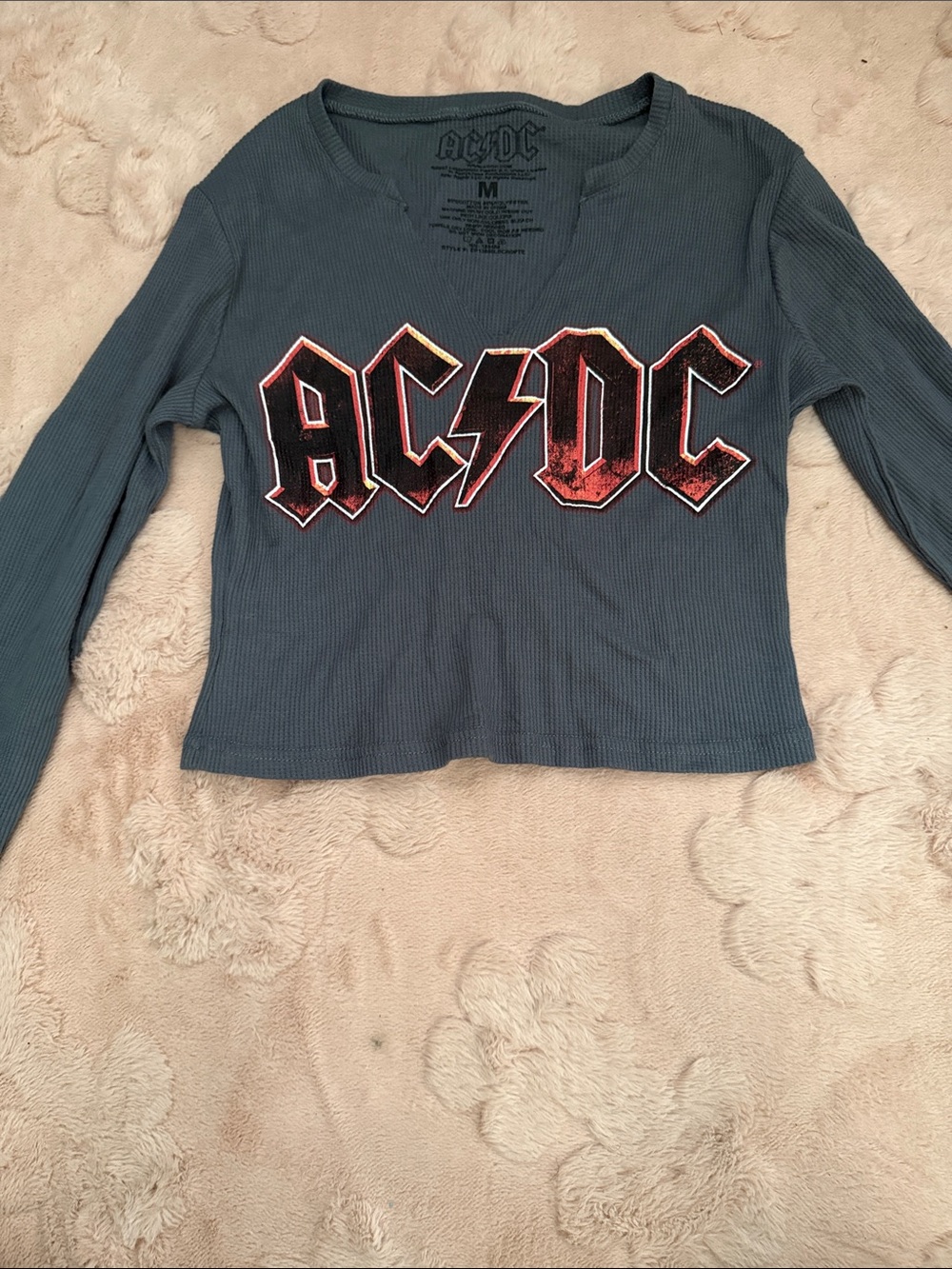 AC/DC Women's Long Sleeve Ribbed Graphic Tee - Slate Blue with Red Logo